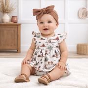 Baby Girl Skirted Bodysuit – Soft Bamboo Cactus Trails