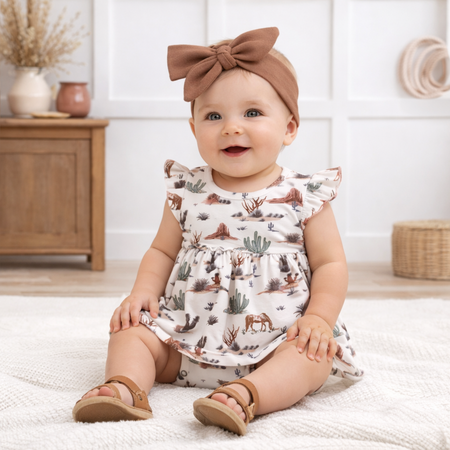 Baby Girl Skirted Bodysuit – Soft Bamboo Cactus Trails
