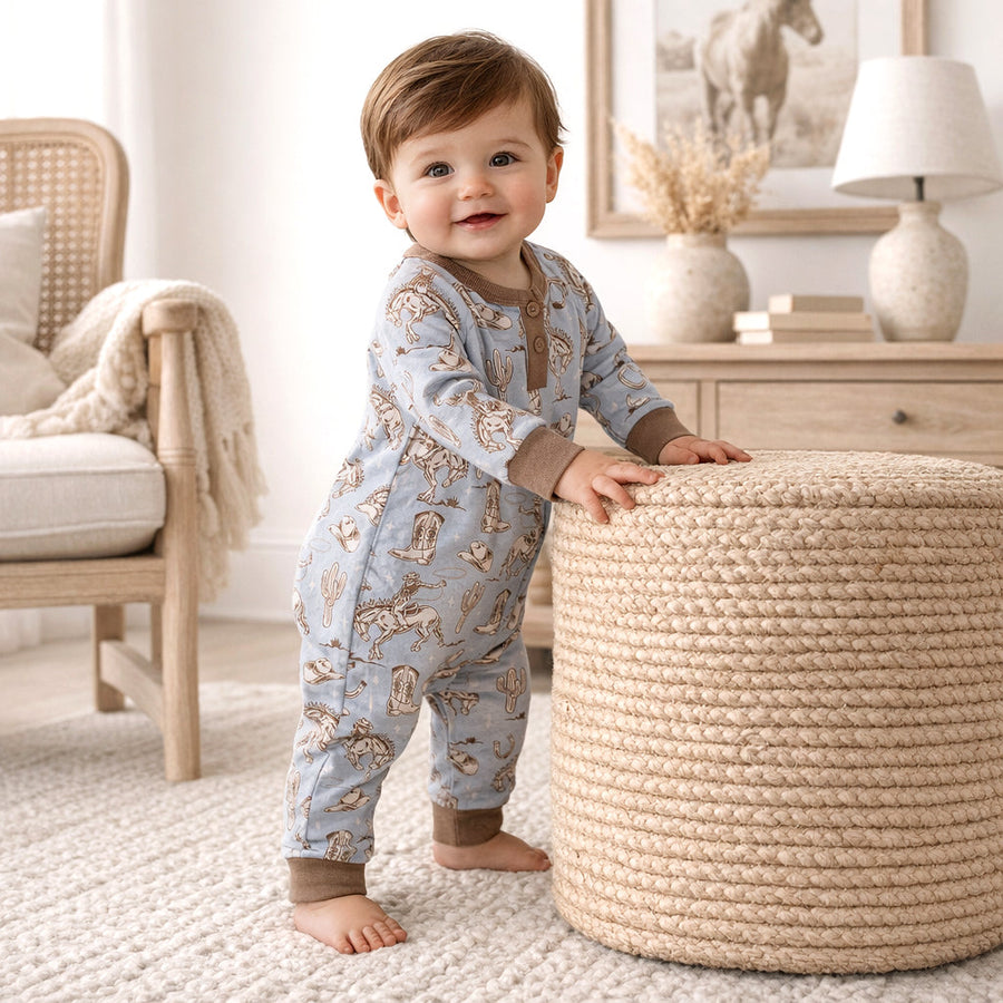 Wild Wrangler/Blue Western Bamboo Henley Cowboy Romper