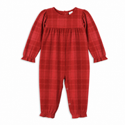 Red Plaid Baby Girl Romper With Ruffles & Puff Sleeves