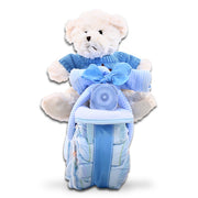 Blue Motorcycle Diaper Cake Baby Gift Basket