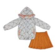 Pumpkin zipper hooded jacket pleated skirt girls outfits