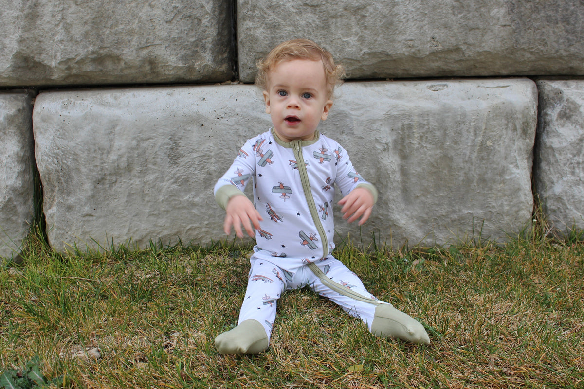 Vintage Airplane Bamboo Zipper Romper