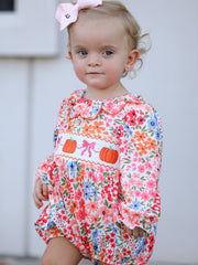 Fall Halloween & Thanksgiving Pumpkin Bow Smock Embroidered Floral Baby Girl Romper