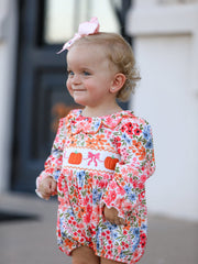 Fall Halloween & Thanksgiving Pumpkin Bow Smock Embroidered Floral Baby Girl Romper