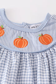 Blue woven check pumpkin embroidery girl set