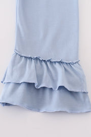 Blue woven check pumpkin embroidery girl set