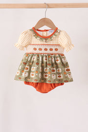 Vintage pumpkin smocked ruffle bubble