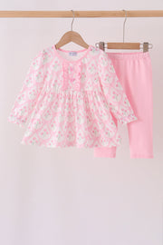 Pink floral ruffle pants set