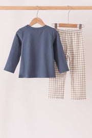Teal cotton embroidery gingham pants set