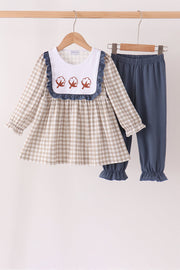 Teal cotton embroidery gingham ruffle pants set