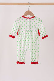 Green grinch embroidery ruffle dot romper