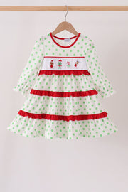 Green dot grinch embroidery ruffle tiered dress