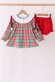 Red Character Embroidery Gingham Bloomer Set