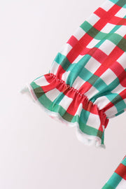 Red Character Embroidery Gingham Ruffle Pants Set