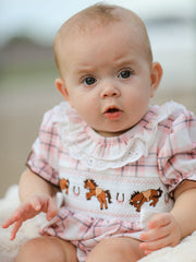 Western Horse Embroidered Smocked Plaid Baby Girl Romper