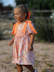 Peach Bow Smocked Floral Girl Dress