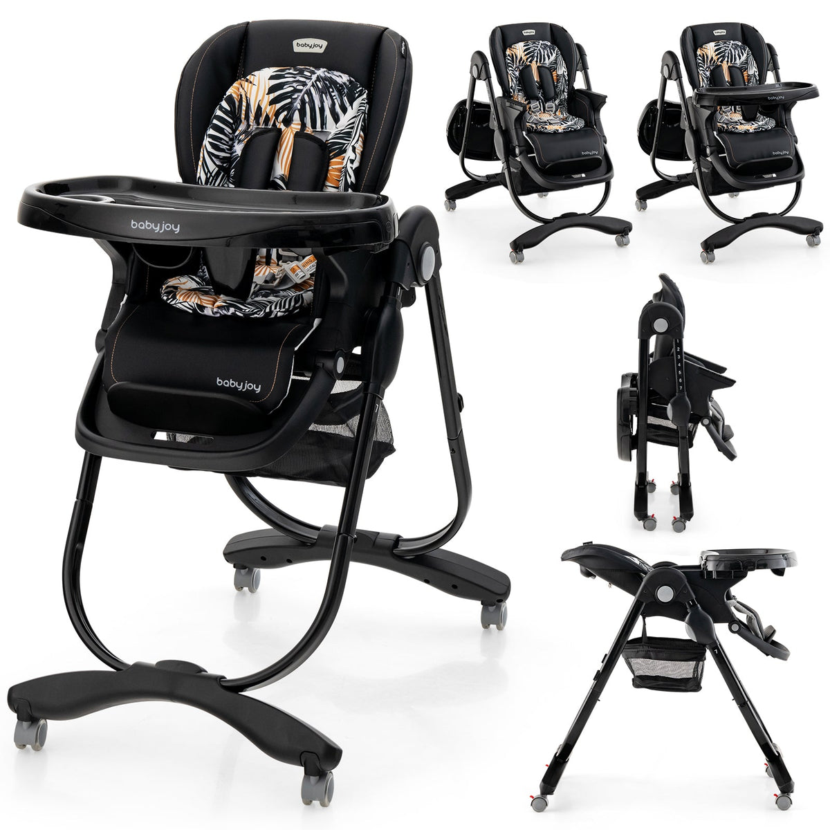 Multifunctional Folding Baby High Chair with Rolling Wheels and Adjustable Height