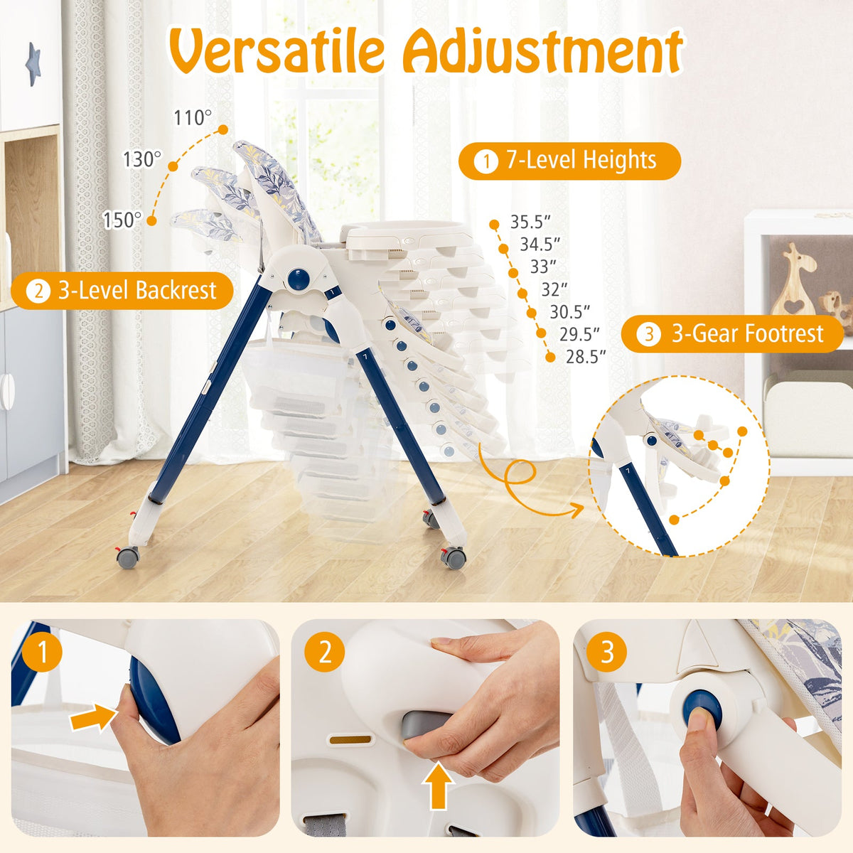 Multifunctional Folding Baby High Chair with Rolling Wheels and Adjustable Height