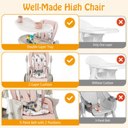 Multifunctional Folding Baby High Chair with Rolling Wheels and Adjustable Height