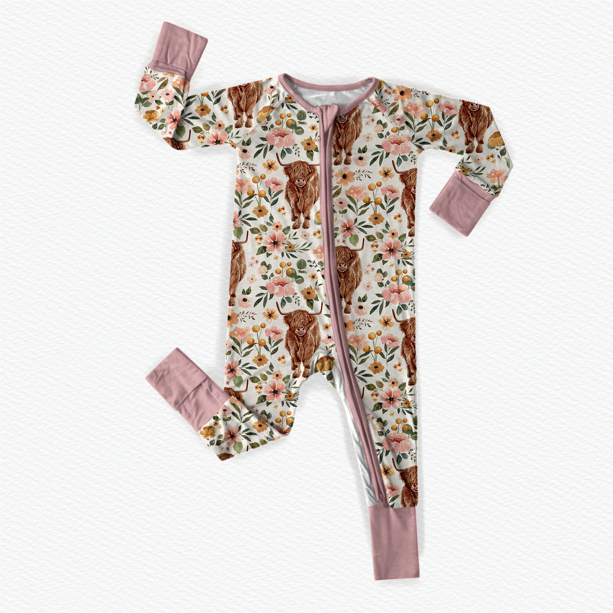 Highland Cow Bamboo Baby Zipper Romper