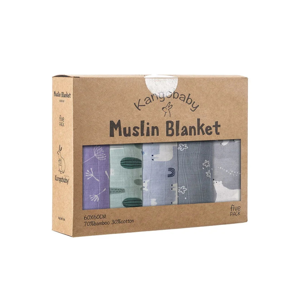 5-Piece Set – Multi-Functional Bamboo Cotton Muslin Bibs & Burp Cloths – Soft & Breathable Washcloths for Newborns