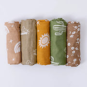 5-Piece Set – Multi-Functional Bamboo Cotton Muslin Bibs & Burp Cloths – Soft & Breathable Washcloths for Newborns