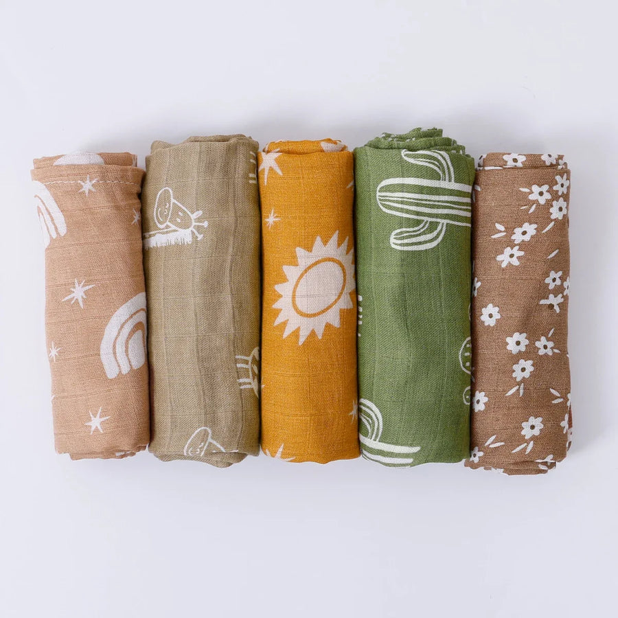 5-Piece Set – Multi-Functional Bamboo Cotton Muslin Bibs & Burp Cloths – Soft & Breathable Washcloths for Newborns