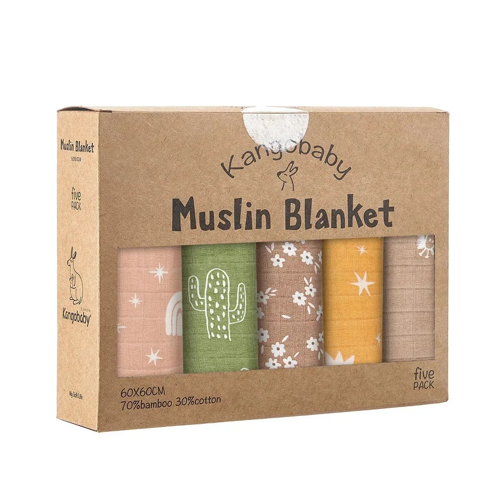 5-Piece Set – Multi-Functional Bamboo Cotton Muslin Bibs & Burp Cloths – Soft & Breathable Washcloths for Newborns