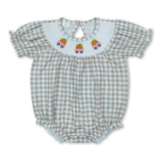 Short sleeves plaid pumpkin smocked girl fall romper