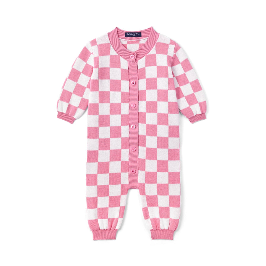 Pink Checker Baby Knit Button Romper