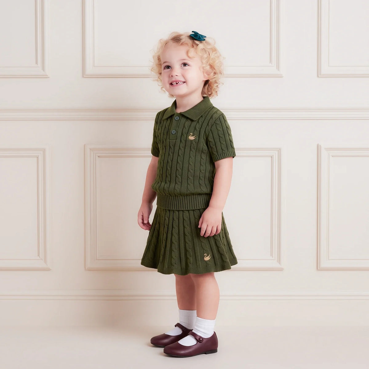 Cable Knit Polo Sweater in Forest Green
