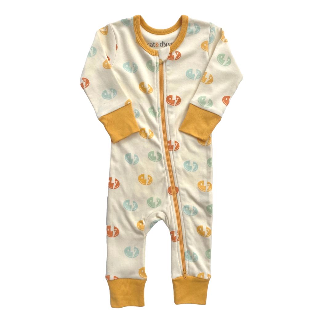 Organic Cotton Baby Zippy Pajamas – GOTS Certified Newborn Sleeper – Smiley Bolts
