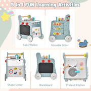 6-in-1 Wooden Baby Stroller with Play Kitchen for Kids Over 12 Months