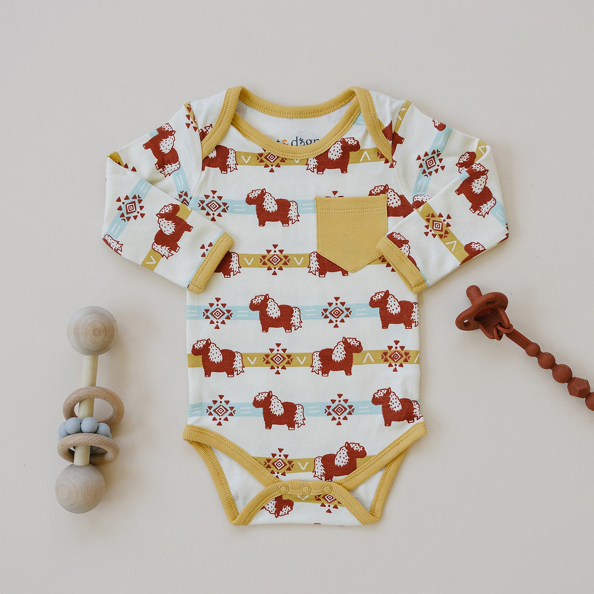 Organic Cotton Baby Bodysuit – GOTS Certified Long Sleeve Newborn Onesie – Aztec Pony