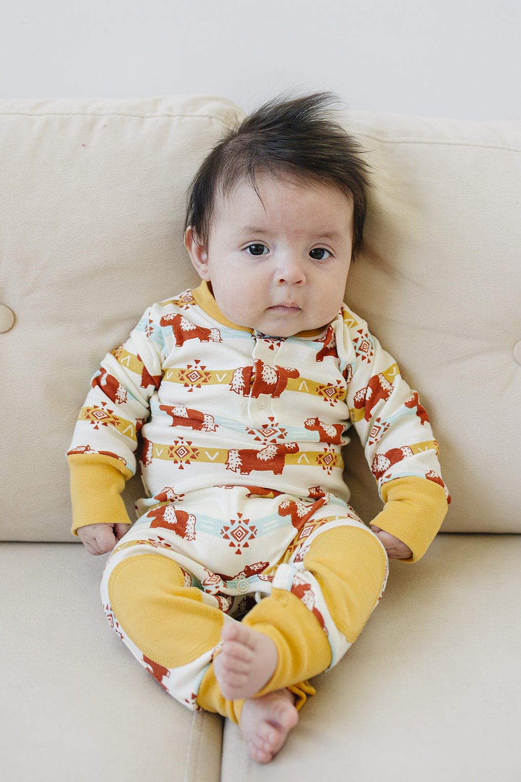Organic Cotton Baby Crawler – GOTS Certified Infant Footie Outfit – Aztec Pony