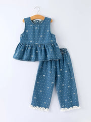 Spring Bow Dot Denim Ruffle Top and Pants Set 3/4 Pants