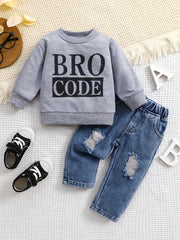 2-Piece Boys' Long-Sleeve Letter Sweatshirt & Ripped Jeans Set - Casual Fall/Winter Outdoor Outfit for Baby Boys 0-3 Years (0-36 Months)