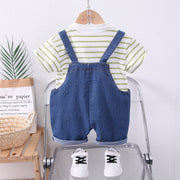 Boys Striped Lapel Denim Dungaree Set 2-Piece