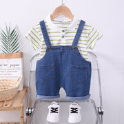 Boys Striped Lapel Denim Dungaree Set 2-Piece