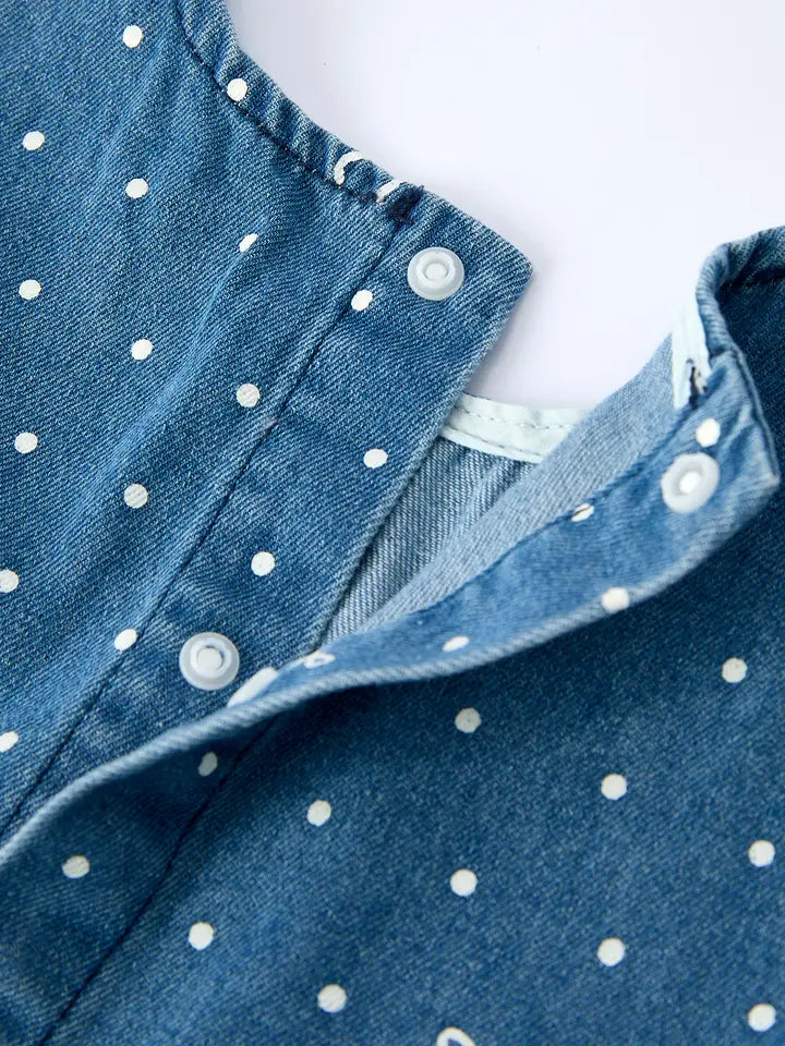 Spring Bow Dot Denim Ruffle Top and Pants Set 3/4 Pants