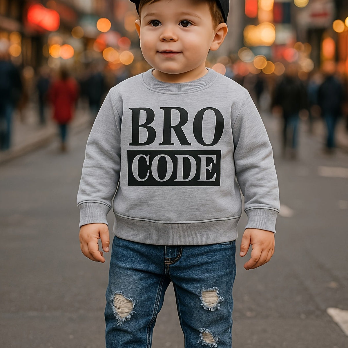 2-Piece Boys' Long-Sleeve Letter Sweatshirt & Ripped Jeans Set - Casual Fall/Winter Outdoor Outfit for Baby Boys 0-3 Years (0-36 Months)