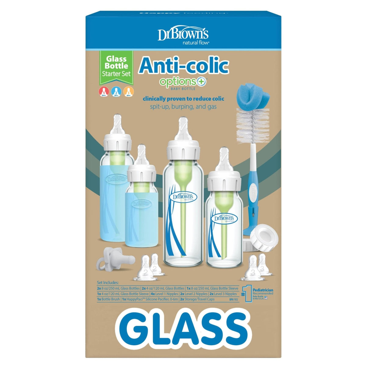 Dr. Brown's Natural Flow Anti-Colic Options+ Narrow Glass Baby Bottle 8 oz/250 mL, with Level 1 Slow Flow Nipple, 2 Pack, 0m+