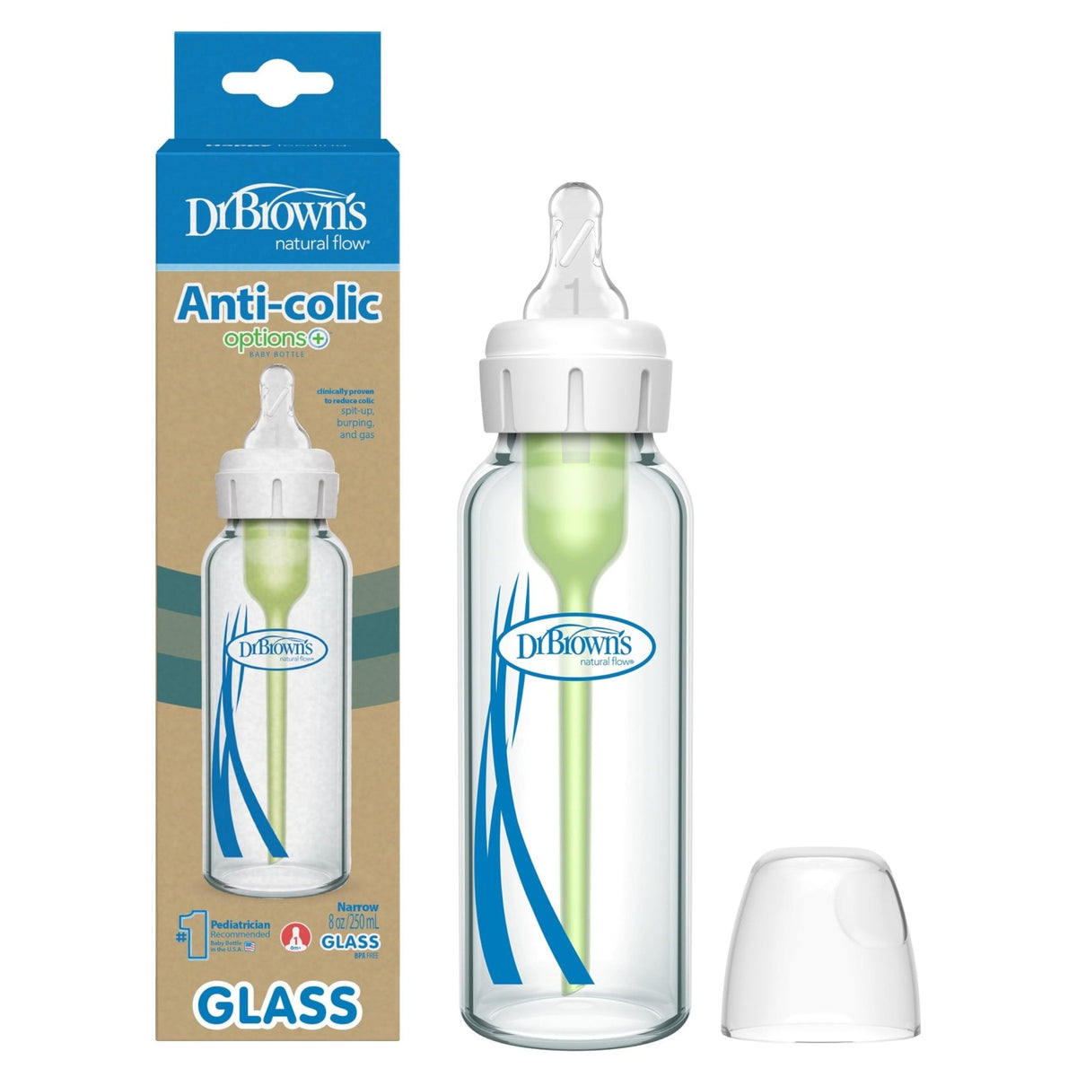 Dr. Brown's Natural Flow Anti-Colic Options+ Narrow Glass Baby Bottle 8 oz/250 mL, with Level 1 Slow Flow Nipple, 2 Pack, 0m+