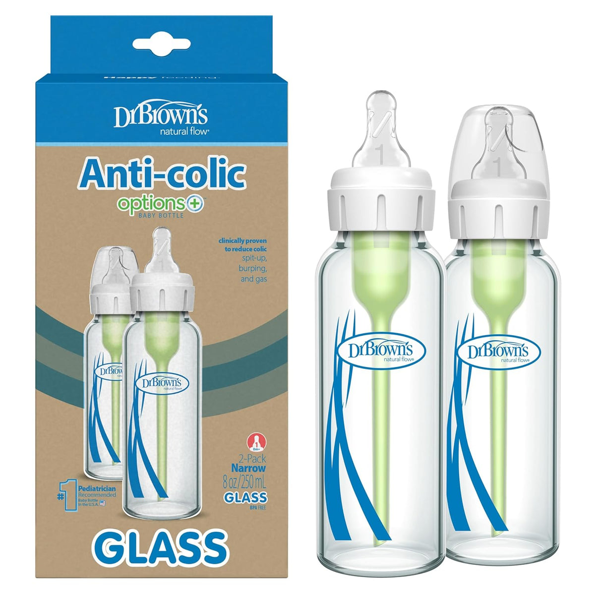Dr. Brown's Natural Flow Anti-Colic Options+ Narrow Glass Baby Bottle 8 oz/250 mL, with Level 1 Slow Flow Nipple, 2 Pack, 0m+
