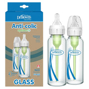 Dr. Brown's Natural Flow Anti-Colic Options+ Narrow Glass Baby Bottle 8 oz/250 mL, with Level 1 Slow Flow Nipple, 2 Pack, 0m+