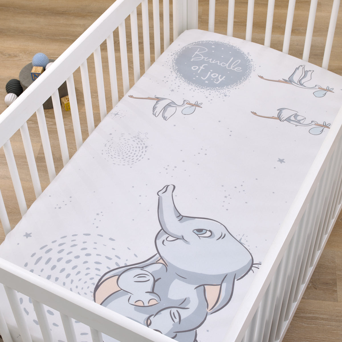 Disney Dumbo Sweet Little Baby Light Blue and White Storks "Bundle of Joy" 100% Cotton Photo Op Nursery Fitted Crib Sheet