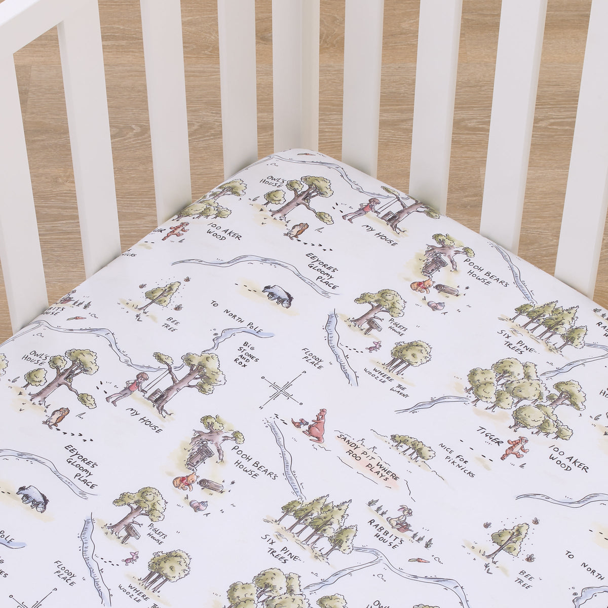 Disney Classic Winnie the Pooh Sage, Tan, and White, Map of 100 Acre Woods Super Soft Nursery Fitted Crib Sheet