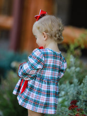 Christmas Plaid Smocking Embroidered Girls Bloomers Romper Set