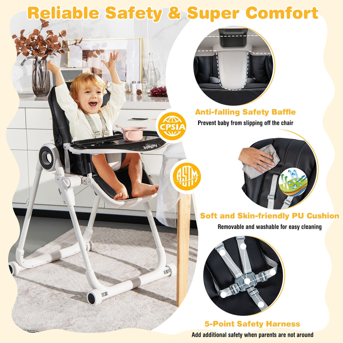 Baby High Chair Foldable Feeding Chair with 4 Lockable Wheels de